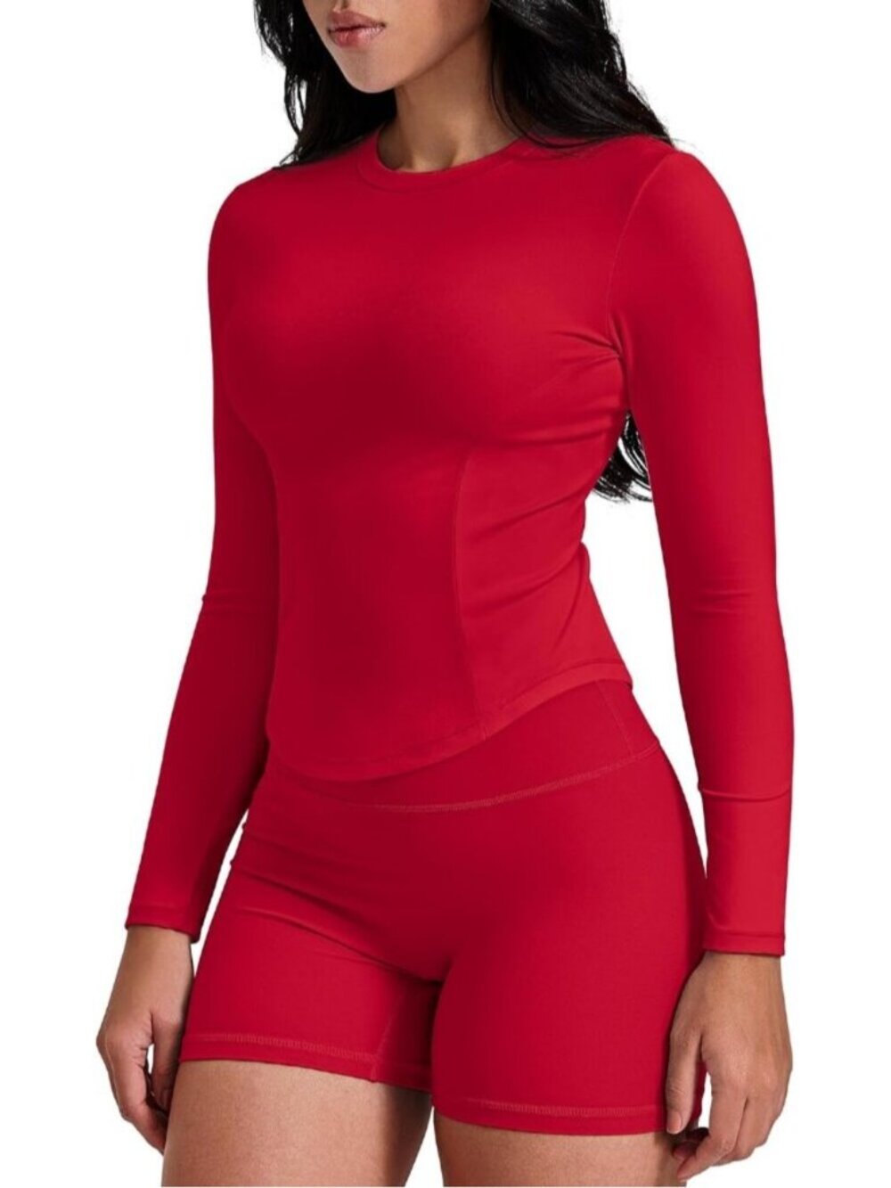 Women Red Long Sleeve Workout Shirts Cropped Athletic Tops Slim Fit Crew Neck